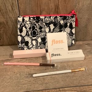 Floss. Bundle lipgloss, eyeshadow quad, lipstick and eye brushes.